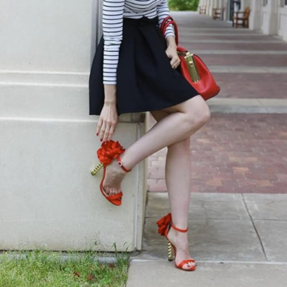 FSJ Women Flower Gold Metal Chain Chunky High Heels Ankle Strap Sandals Red Shoe